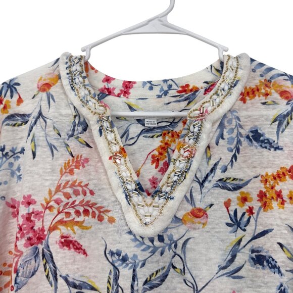 Chicos SZ 3 US XL Womens Nautical Floral Linen Tunic Top With Embellished Collar - Picture 5 of 16